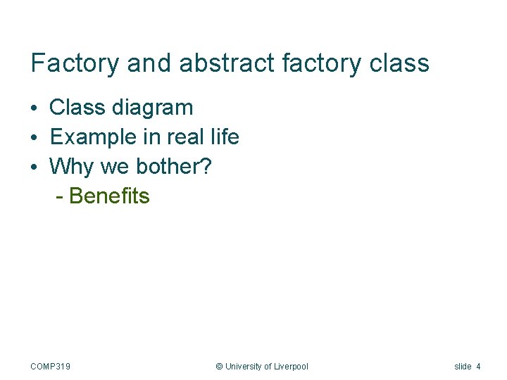 Factory and abstract factory class • Class diagram • Example in real life •