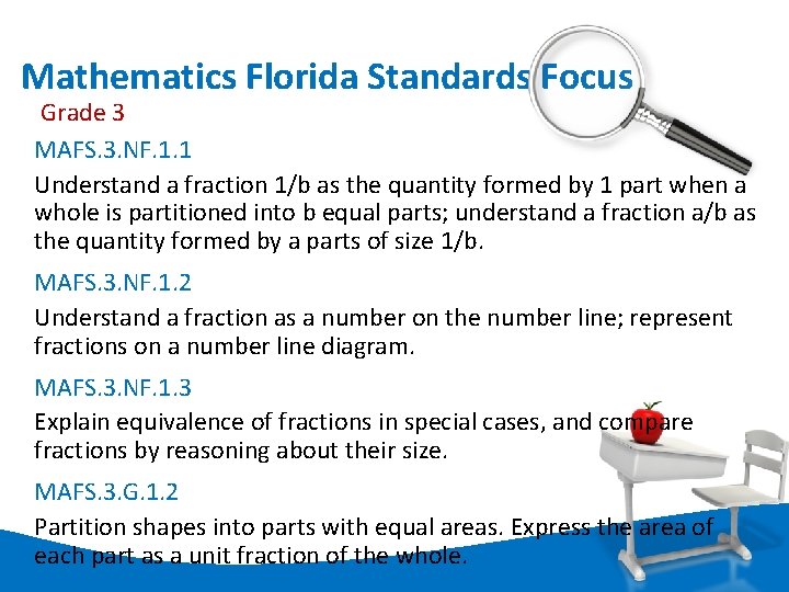 Mathematics Florida Standards Focus Grade 3 MAFS. 3. NF. 1. 1 Understand a fraction