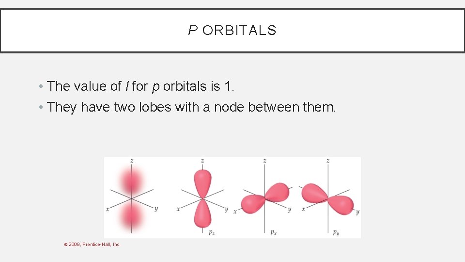 P ORBITALS • The value of l for p orbitals is 1. • They