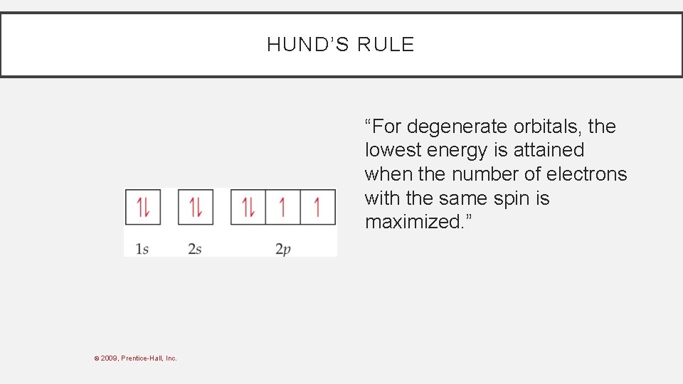 HUND’S RULE “For degenerate orbitals, the lowest energy is attained when the number of