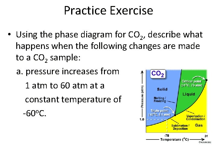 Practice Exercise • Using the phase diagram for CO 2, describe what happens when