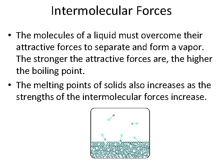 Intermolecular Forces • The molecules of a liquid must overcome their attractive forces to