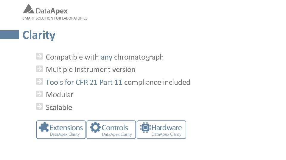 Clarity Compatible with any chromatograph Multiple Instrument version Tools for CFR 21 Part 11