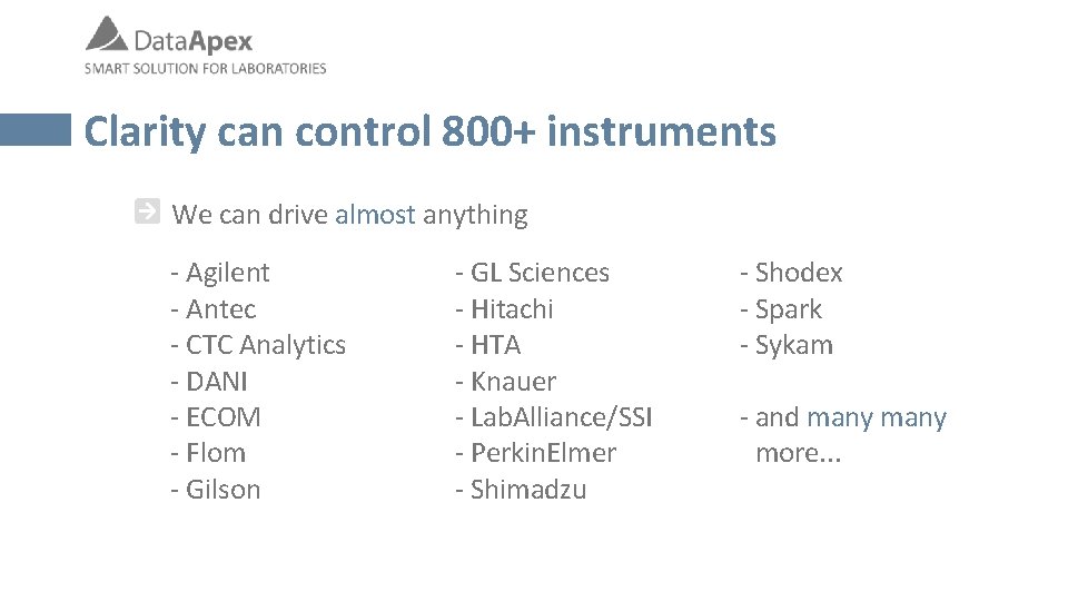 Clarity can control 800+ instruments We can drive almost anything - Agilent - Antec