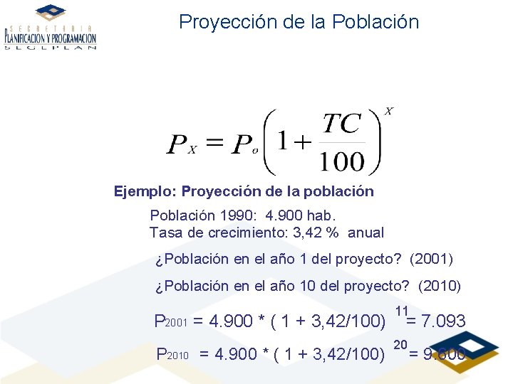 Proyección de la Población Ejemplo: Proyección de la población Población 1990: 4. 900 hab.