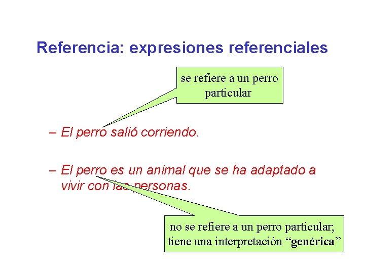 Referencia: expresiones referenciales se refiere a un perro particular – El perro salió corriendo.