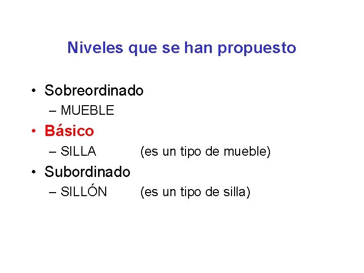 Niveles que se han propuesto • Sobreordinado – MUEBLE • Básico – SILLA (es
