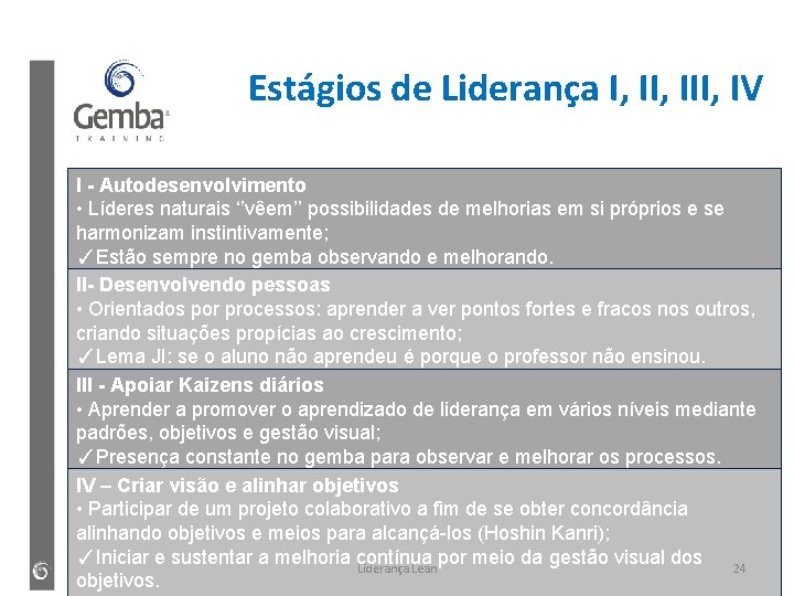 Estágios de Liderança I, III, IV I - Autodesenvolvimento • Líderes naturais ‘’vêem’’ possibilidades