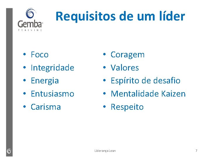 Requisitos de um líder • • • Foco Integridade Energia Entusiasmo Carisma • •