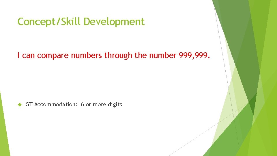 Concept/Skill Development I can compare numbers through the number 999, 999. GT Accommodation: 6