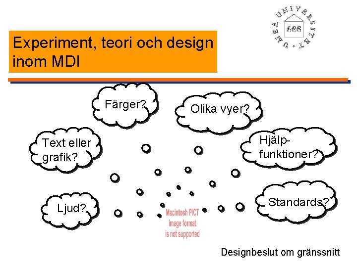 Experiment, teori och design inom MDI Färger? Text eller grafik? Ljud? Olika vyer? Hjälpfunktioner?