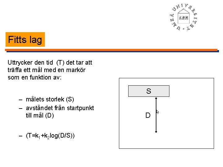 Fitts lag Uttrycker den tid (T) det tar att träffa ett mål med en