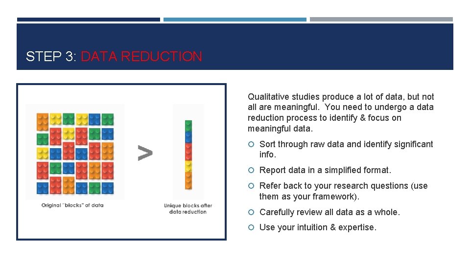 STEP 3: DATA REDUCTION Qualitative studies produce a lot of data, but not all