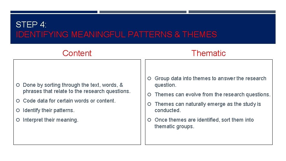 STEP 4: IDENTIFYING MEANINGFUL PATTERNS & THEMES Content Thematic Group data into themes to