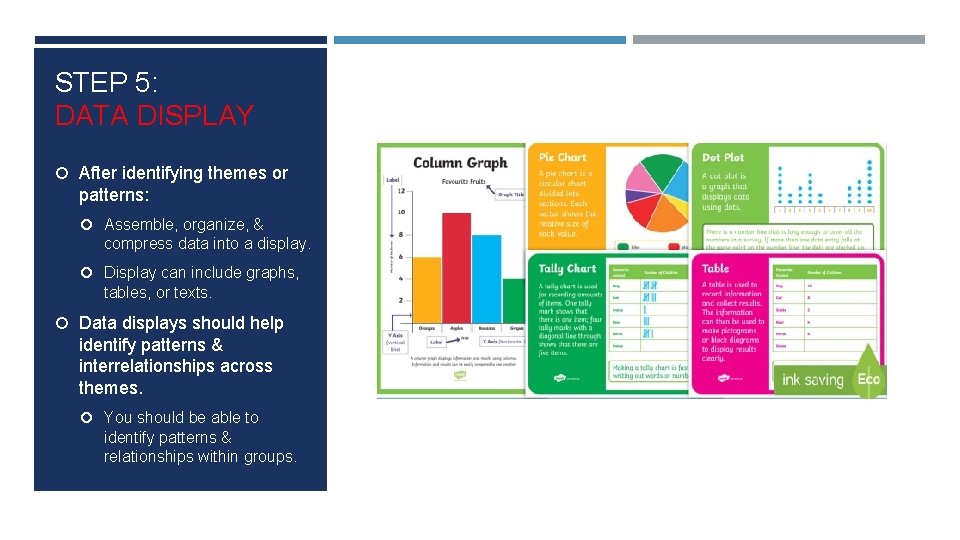STEP 5: DATA DISPLAY After identifying themes or patterns: Assemble, organize, & compress data