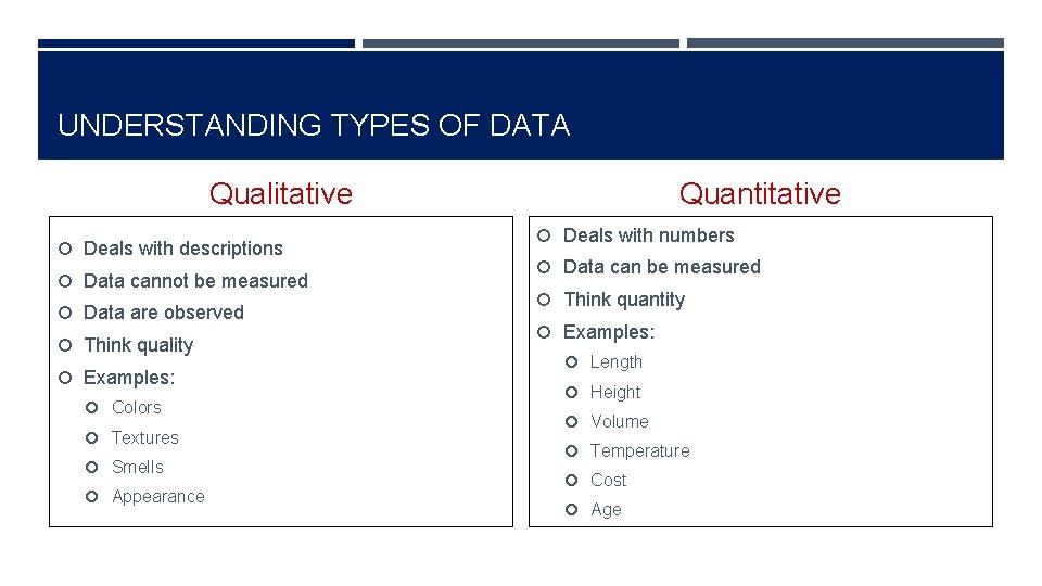 UNDERSTANDING TYPES OF DATA Qualitative Deals with descriptions Data cannot be measured Data are