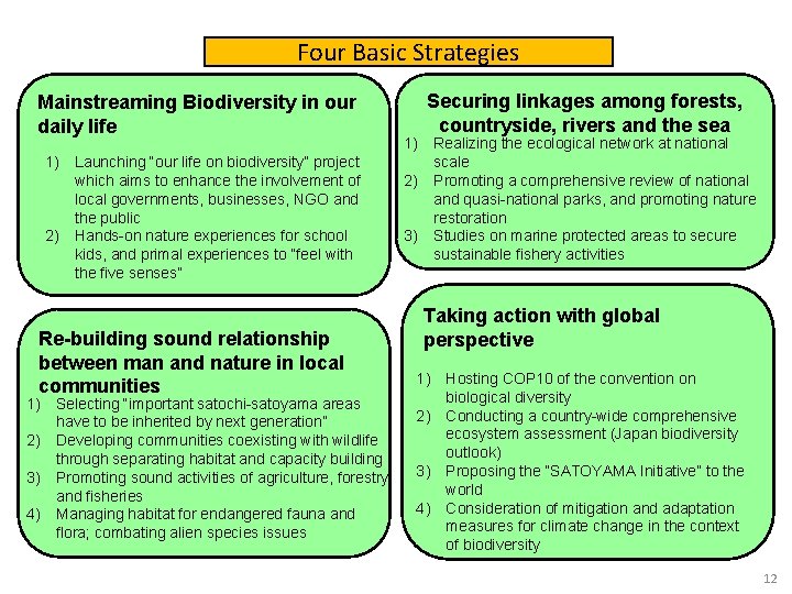 Four Basic Strategies Mainstreaming Biodiversity in our daily life 1) Launching “our life on