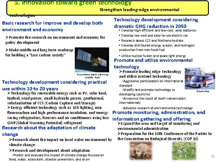 　5. Innovation toward green technology 　Strengthen leading-edge environmental technologies Basic research for improve and