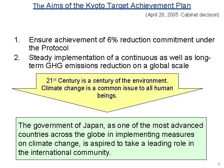 The Aims of the Kyoto Target Achievement Plan (April 28, 2005 Cabinet decision) 1.