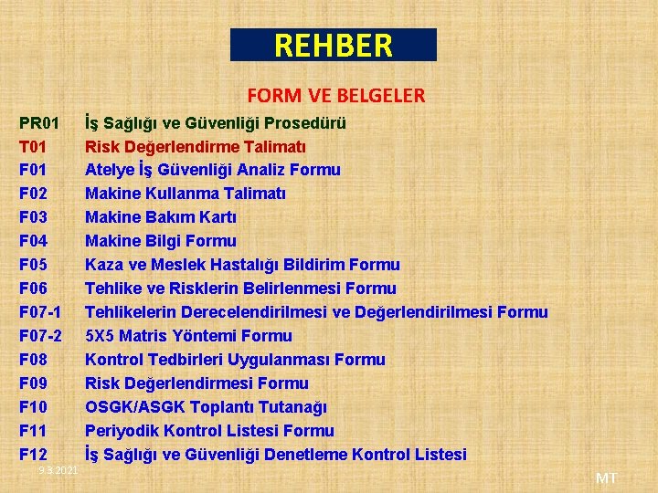 REHBER FORM VE BELGELER PR 01 T 01 F 01 F 02 F 03