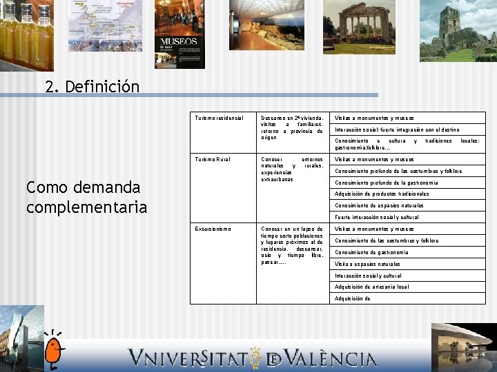 2. Definición Turismo residencial Turismo Rural Como demanda complementaria Descanso en 2ª vivienda, visitas