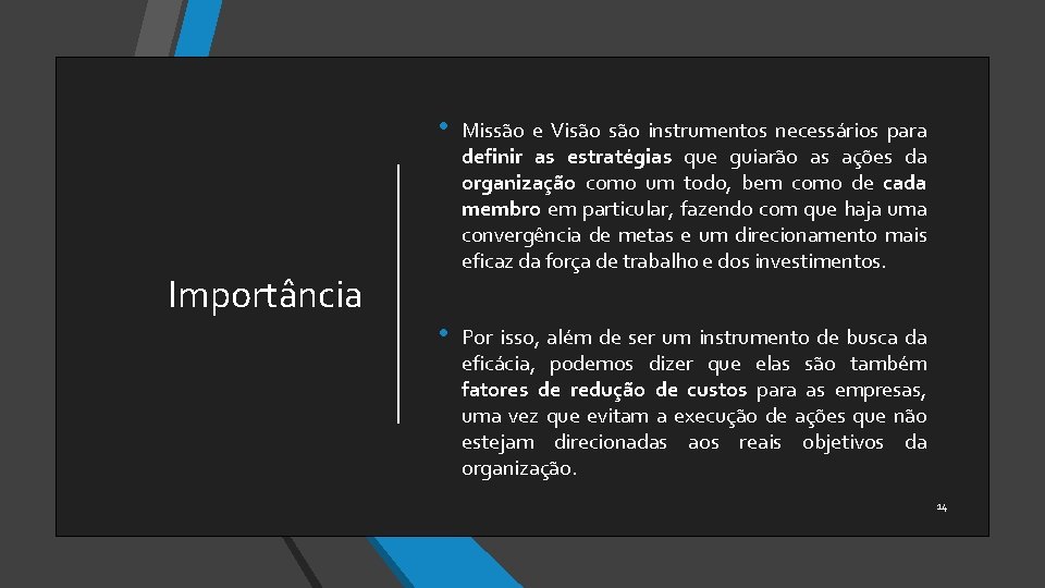 Importância • Missão e Visão instrumentos necessários para definir as estratégias que guiarão as