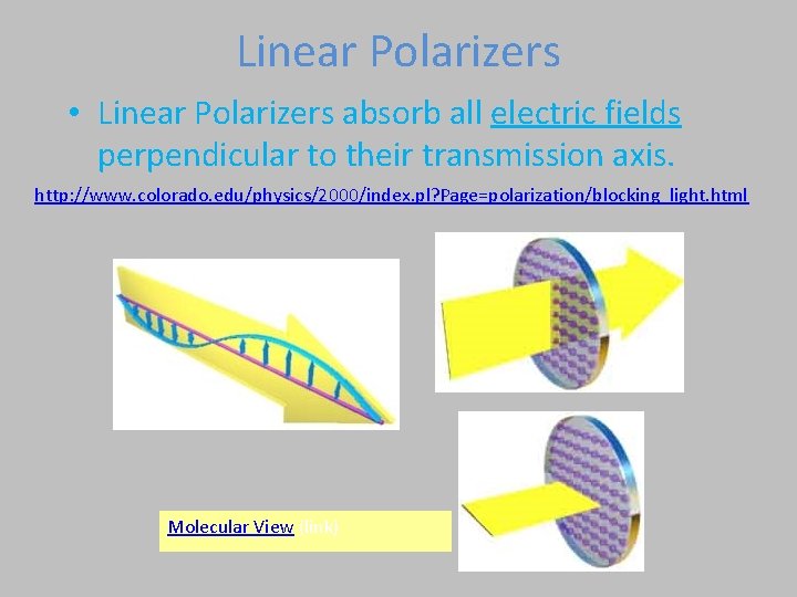 Linear Polarizers • Linear Polarizers absorb all electric fields perpendicular to their transmission axis. Linear Polarizers • Linear Polarizers absorb all electric fields perpendicular to their transmission axis.
