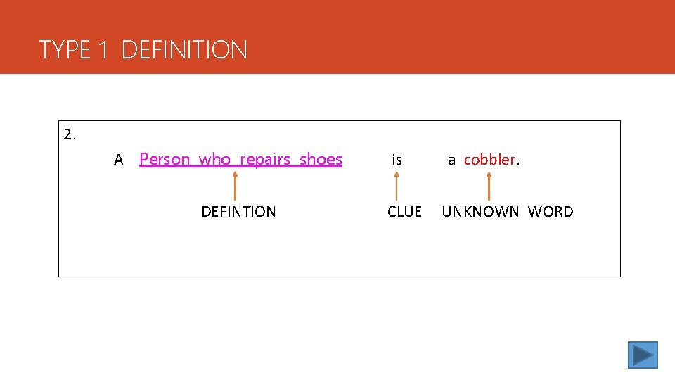 TYPE 1 DEFINITION 2. A Person who repairs shoes DEFINTION is CLUE a cobbler.