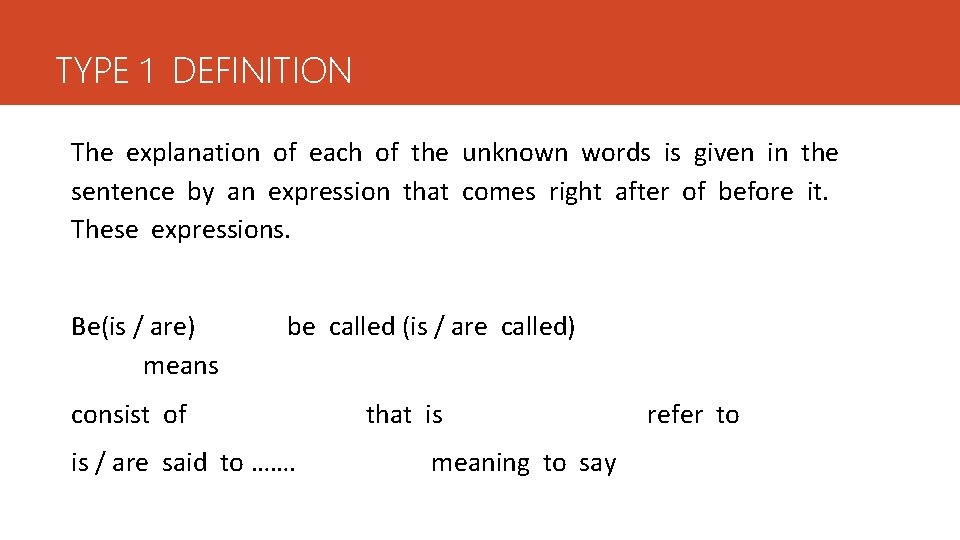 TYPE 1 DEFINITION The explanation of each of the unknown words is given in