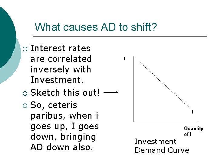 What causes AD to shift? Interest rates are correlated inversely with Investment. ¡ Sketch