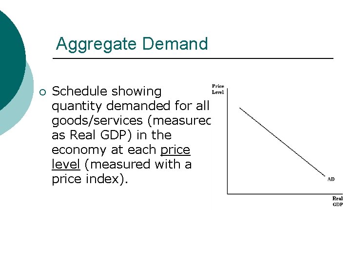 Aggregate Demand ¡ Schedule showing quantity demanded for all goods/services (measured as Real GDP)