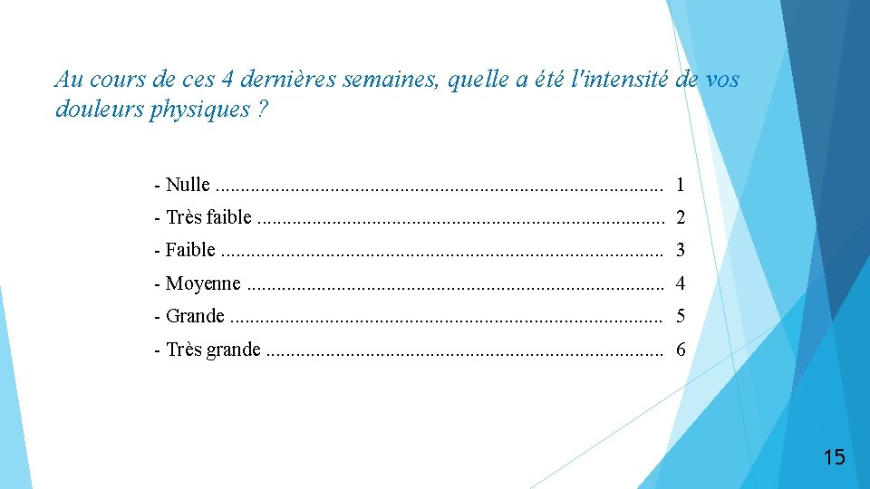 Au cours de ces 4 dernières semaines, quelle a été l'intensité de vos douleurs