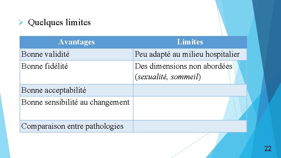 Ø Quelques limites Avantages Bonne validité Bonne fidélité Limites Peu adapté au milieu hospitalier