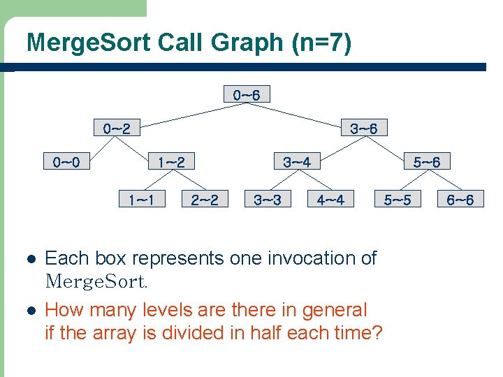 Merge. Sort Call Graph (n=7) 0~6 0~2 0~0 1~2 1~1 l l 3~6 3~4