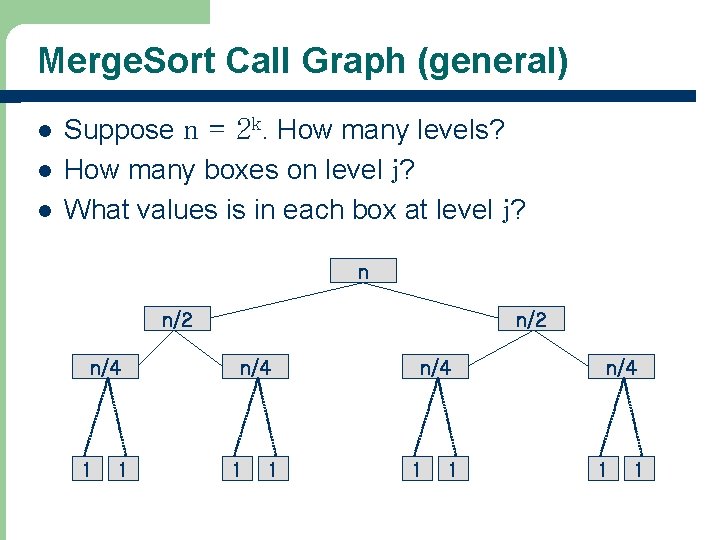 Merge. Sort Call Graph (general) l l l Suppose n = 2 k. How