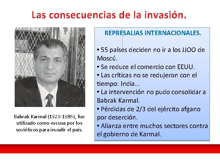 Las consecuencias de la invasión. REPRESALIAS INTERNACIONALES. Babrak Karmal (1929 -1986), fue utilizado como