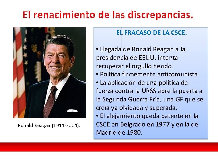 El renacimiento de las discrepancias. EL FRACASO DE LA CSCE. Ronald Reagan (1911 -2004).