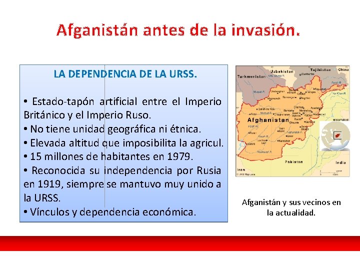 Afganistán antes de la invasión. LA DEPENDENCIA DE LA URSS. • Estado-tapón artificial entre