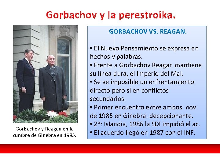 Gorbachov y la perestroika. GORBACHOV VS. REAGAN. Gorbachov y Reagan en la cumbre de