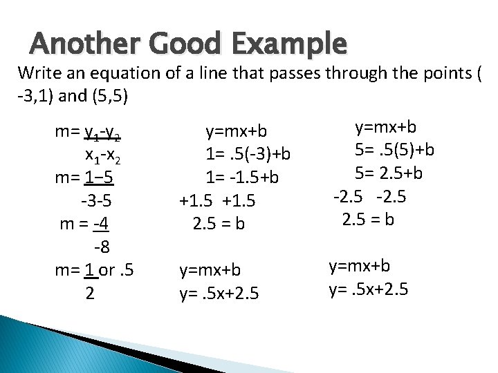 Another Good Example Write an equation of a line that passes through the points