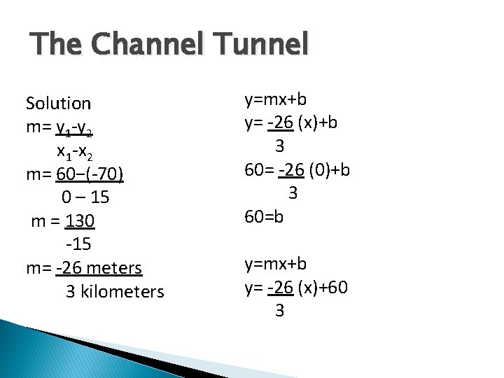 The Channel Tunnel Solution m= y 1 -y 2 x 1 -x 2 m=