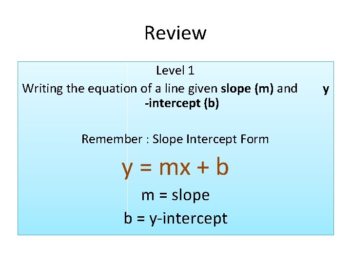 Review Level 1 Writing the equation of a line given slope (m) and -intercept