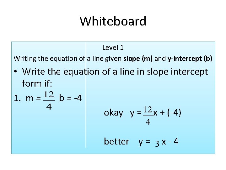 Whiteboard Level 1 Writing the equation of a line given slope (m) and y-intercept