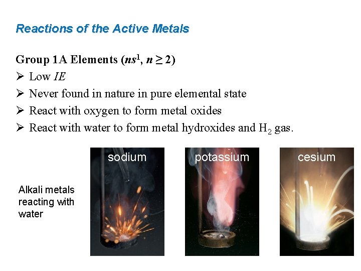 Reactions of the Active Metals Group 1 A Elements (ns 1, n ≥ 2) Reactions of the Active Metals Group 1 A Elements (ns 1, n ≥ 2)