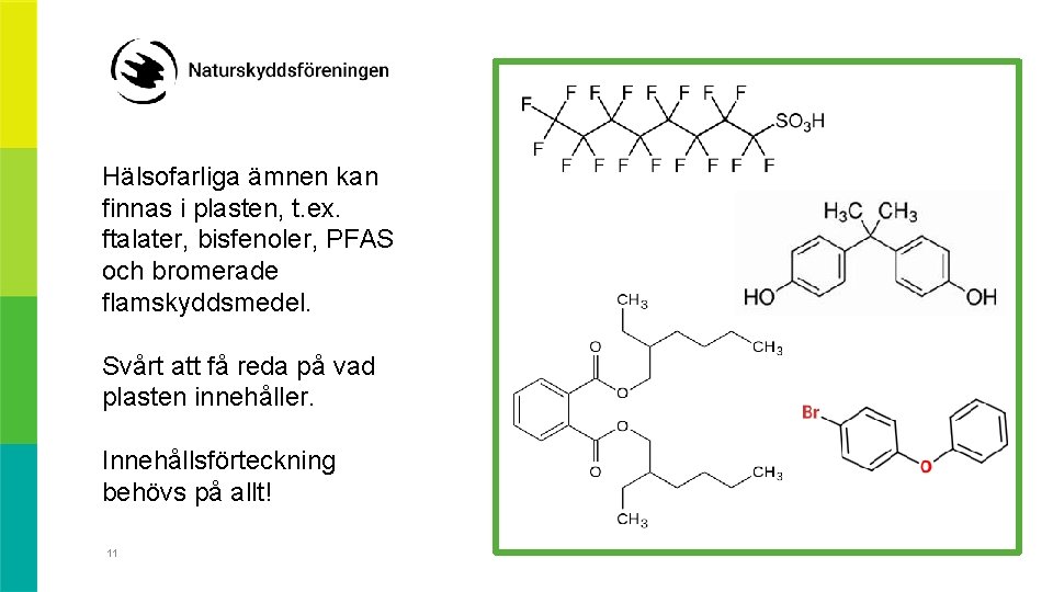 Hälsofarliga ämnen kan finnas i plasten, t. ex. ftalater, bisfenoler, PFAS och bromerade flamskyddsmedel.