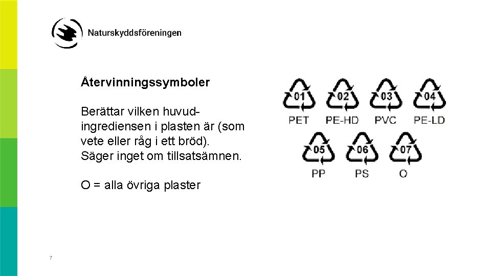 Återvinningssymboler Berättar vilken huvudingrediensen i plasten är (som vete eller råg i ett bröd).