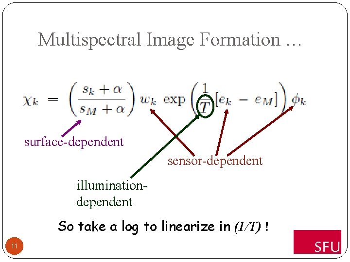 Multispectral Image Formation … surface-dependent sensor-dependent illuminationdependent So take a log to linearize in