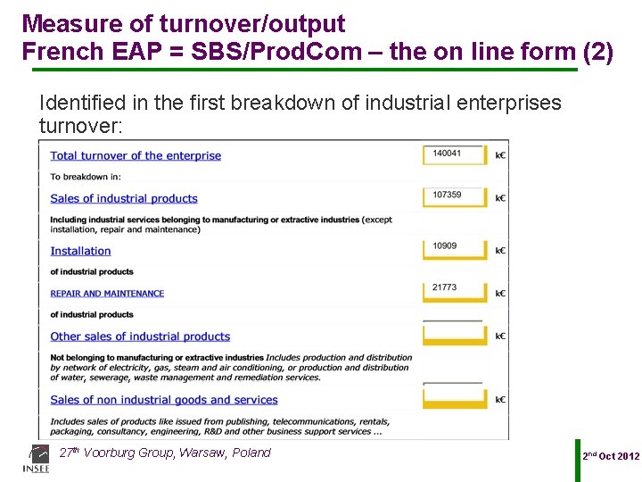 Measure of turnover/output French EAP = SBS/Prod. Com – the on line form (2)