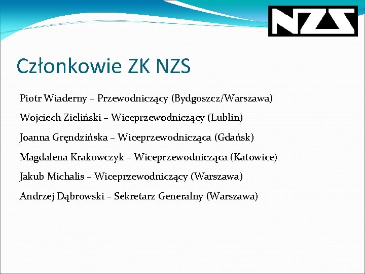 Członkowie ZK NZS Piotr Wiaderny – Przewodniczący (Bydgoszcz/Warszawa) Wojciech Zieliński – Wiceprzewodniczący (Lublin) Joanna