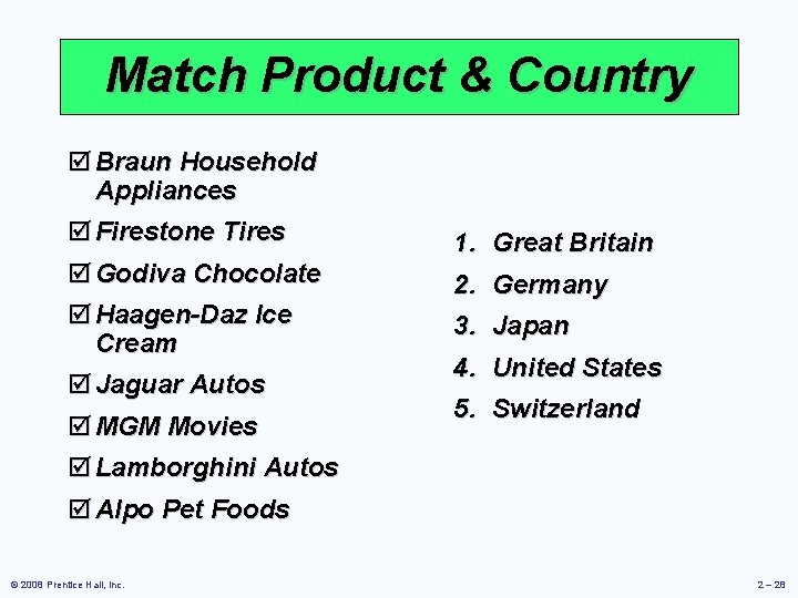 Match Product & Country þ Braun Household Appliances þ Firestone Tires þ Godiva Chocolate